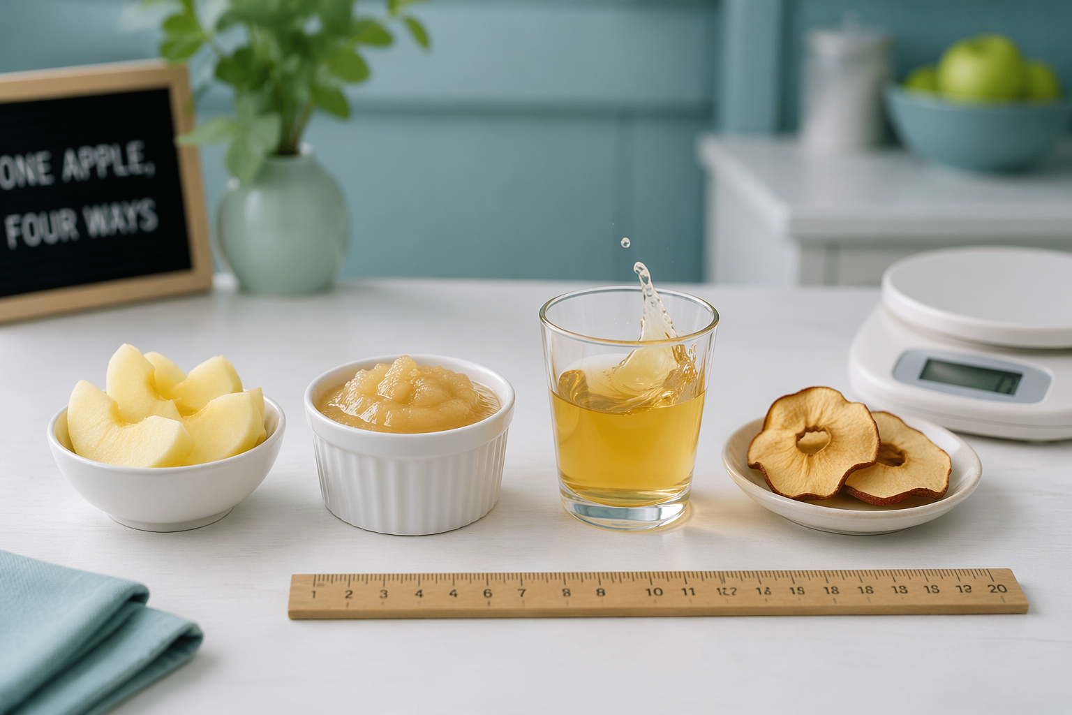Comparison of apple forms: peeled slices, applesauce, apple juice, dried apple to show portion effects