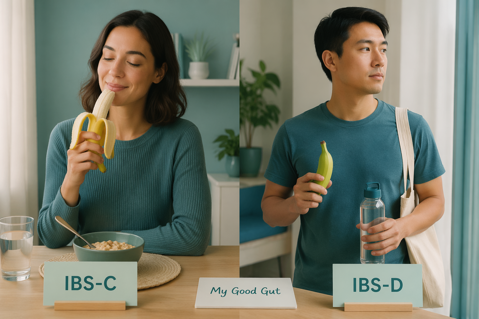 Split image showing ripe banana for IBS-C and firm banana for IBS-D, lifestyle context