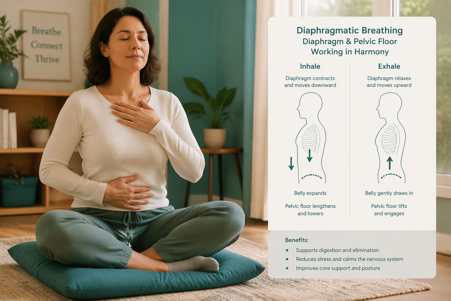 Person practicing diaphragmatic breathing with diagram of diaphragm and pelvic floor coordination
