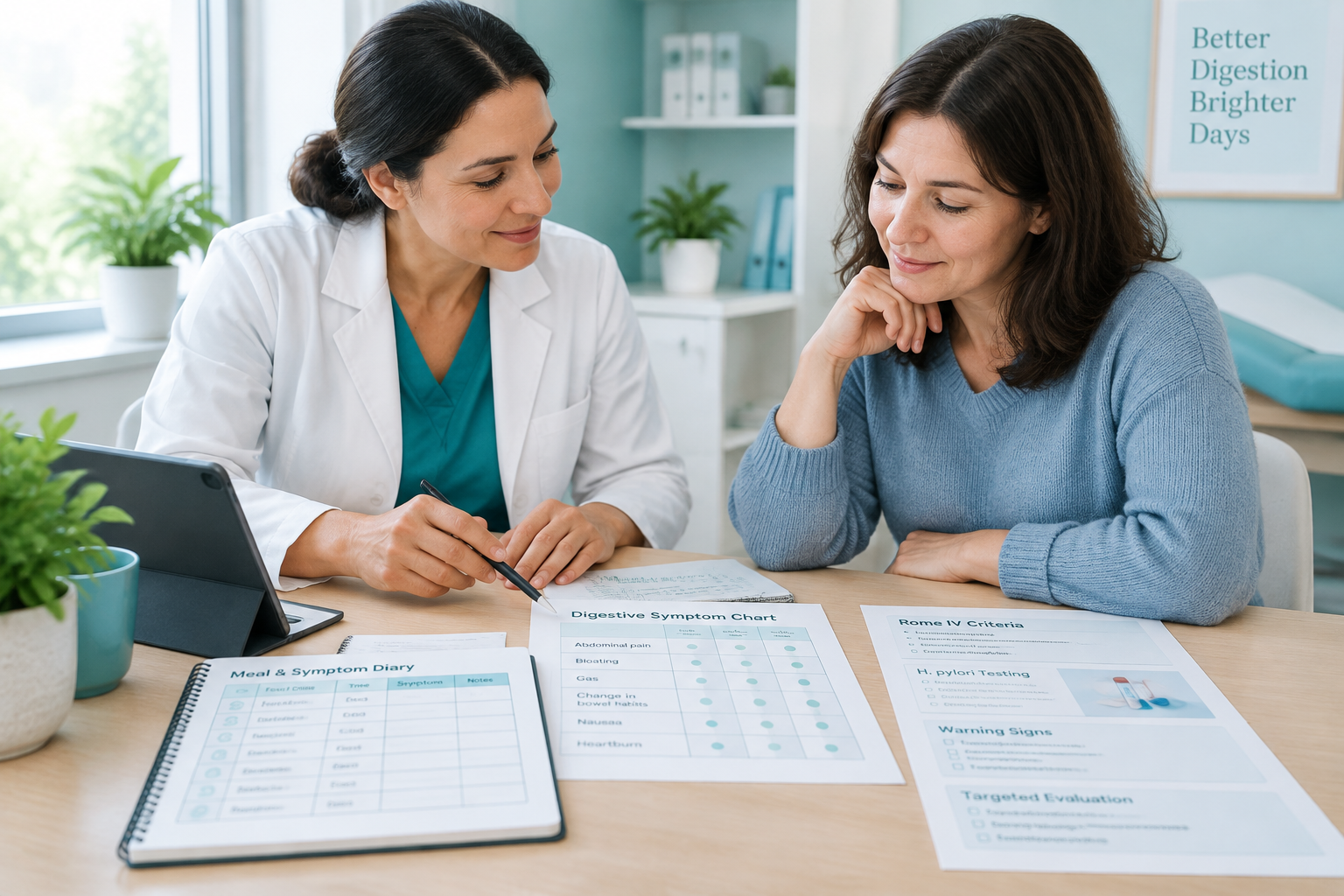 Clinician reviewing Rome IV symptoms and a diary for functional dyspepsia and IBS diagnosis