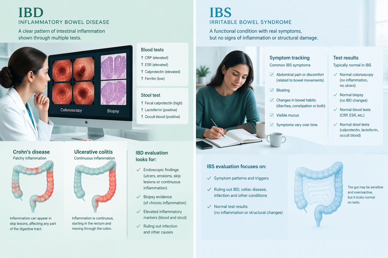 IBD versus IBS diagnosis using symptoms, biopsies, blood tests, and imaging