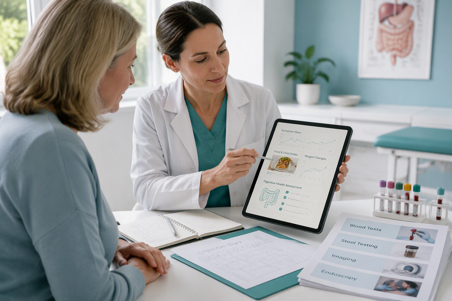 Clinician reviewing IBS symptoms, appetite loss, weight changes, and digestive health tests