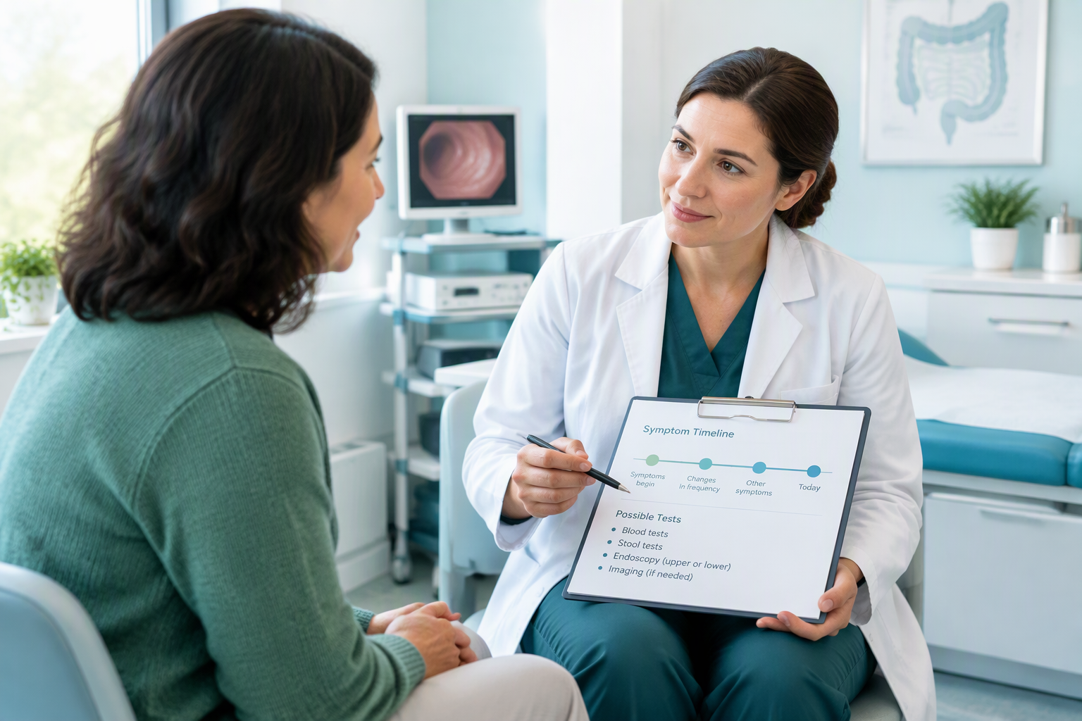 Clinician discussing blood in stool symptoms, examination, and possible tests with a patient