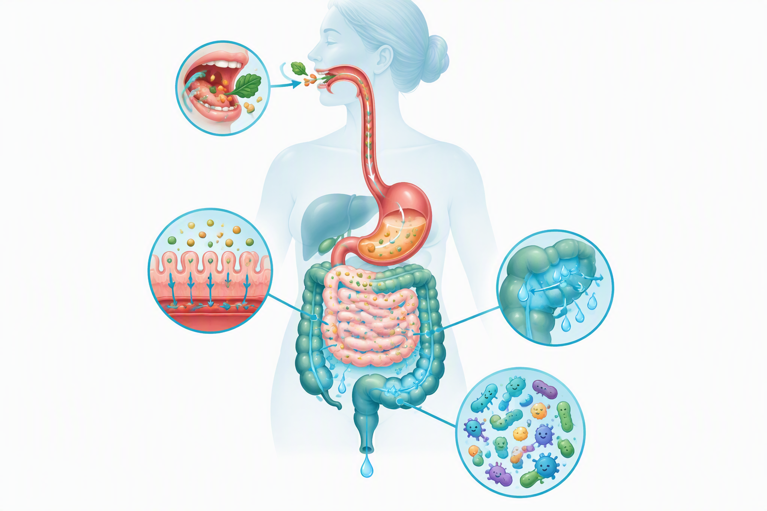 Digestive tract and gut microbiome illustration showing how digestion works