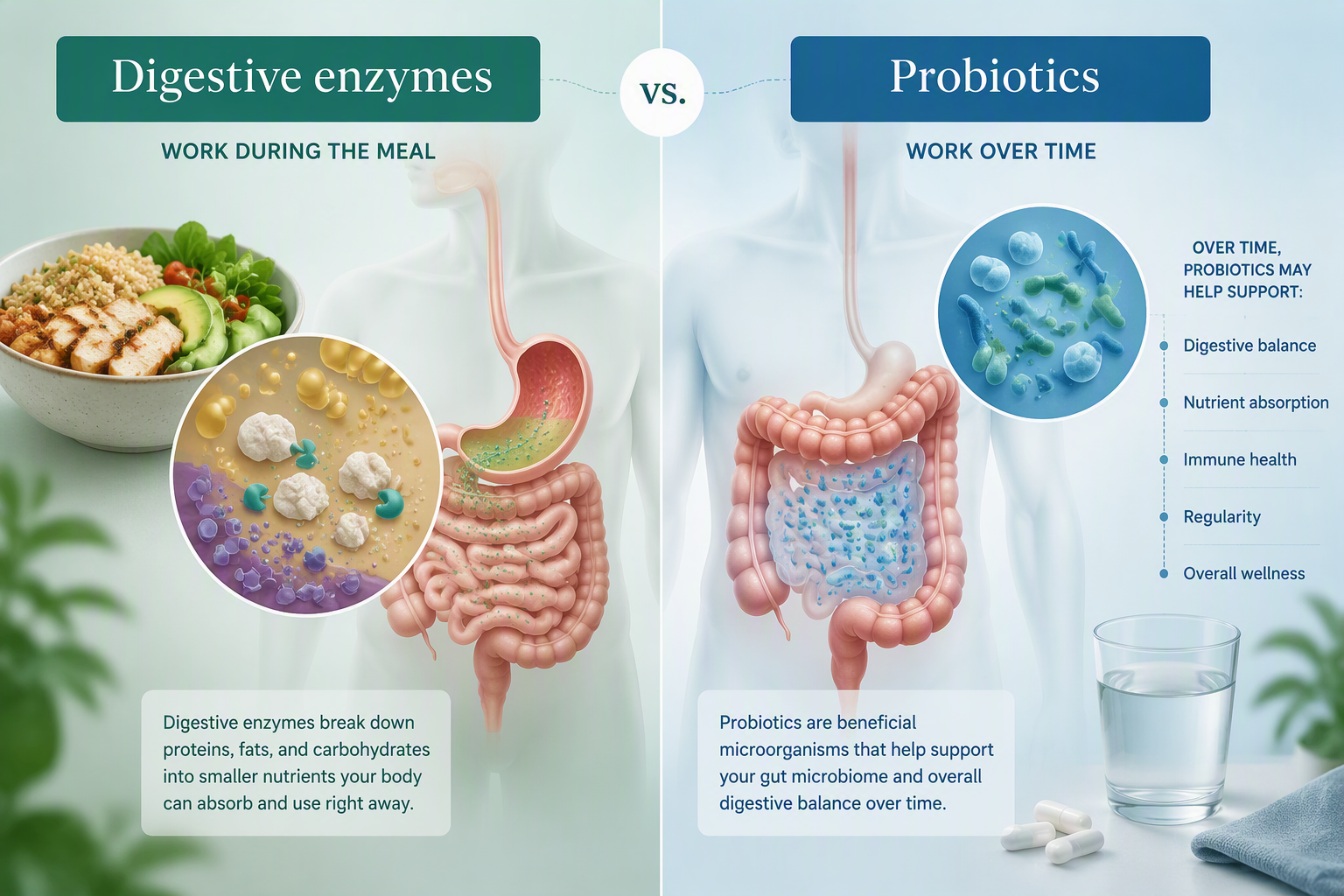Digestive enzymes act during meals while probiotics support the gut microbiome over time