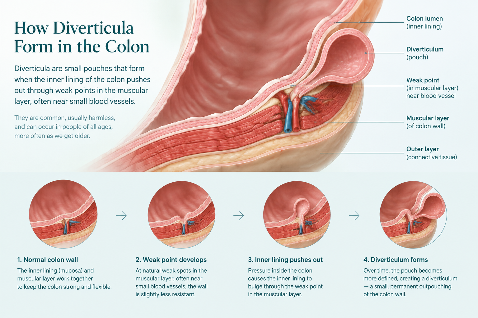Colon wall illustration showing how diverticula form through weak points and pressure