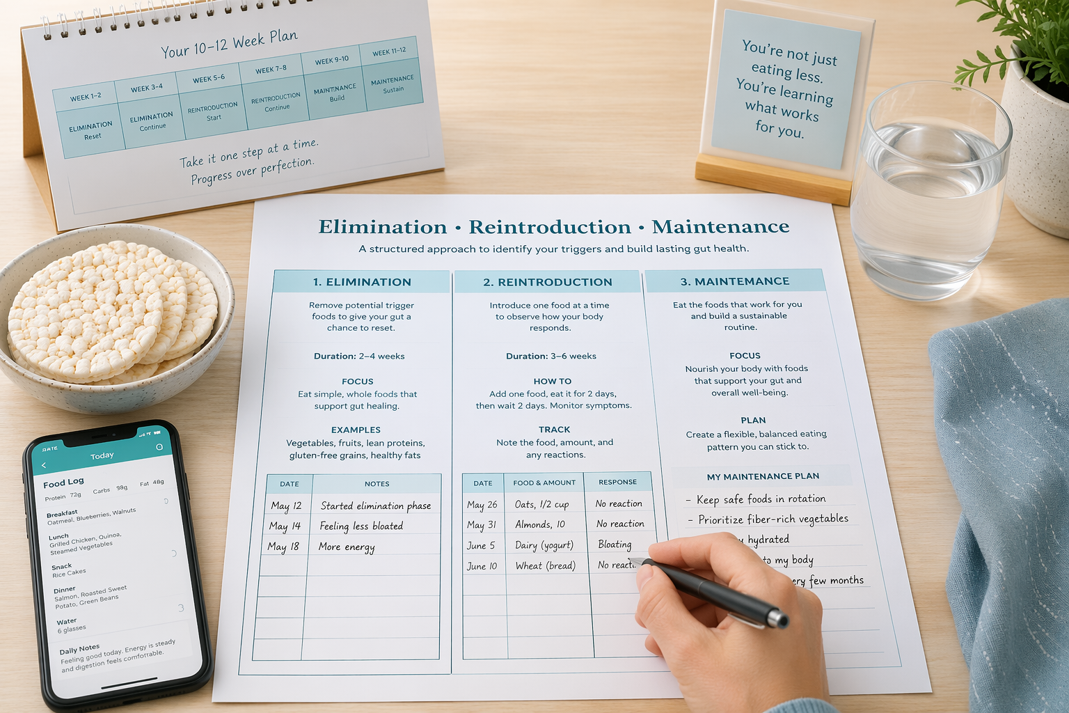Elimination and reintroduction worksheet with calendar and food log for IBS testing