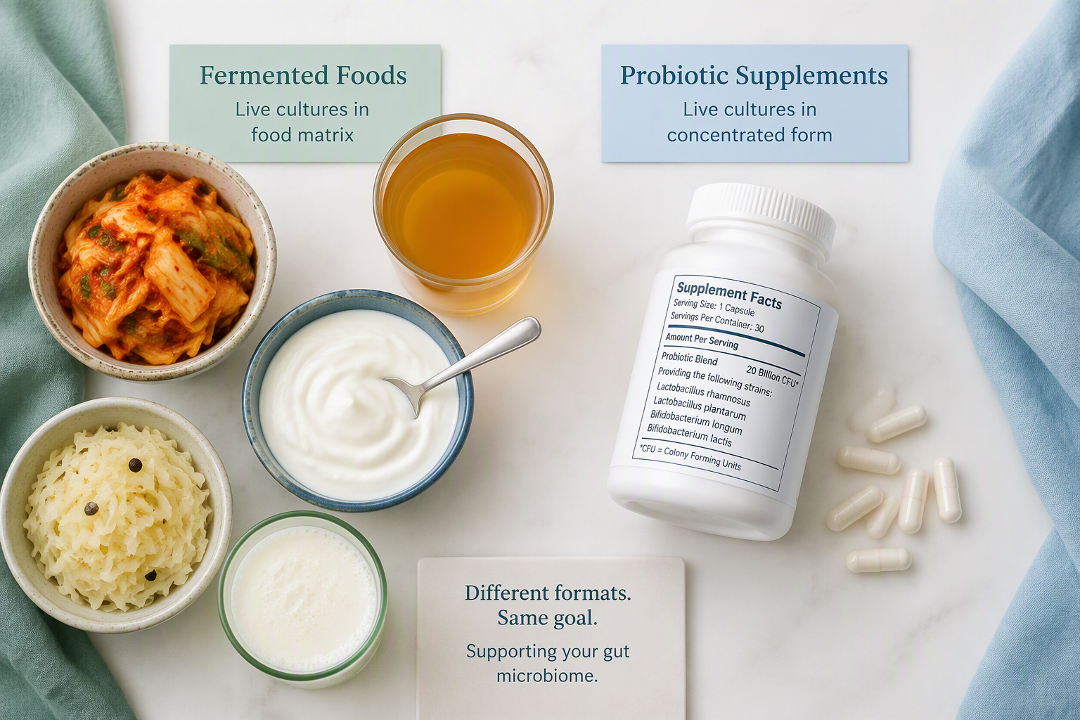 Fermented foods and probiotic supplements with live cultures and CFU labels