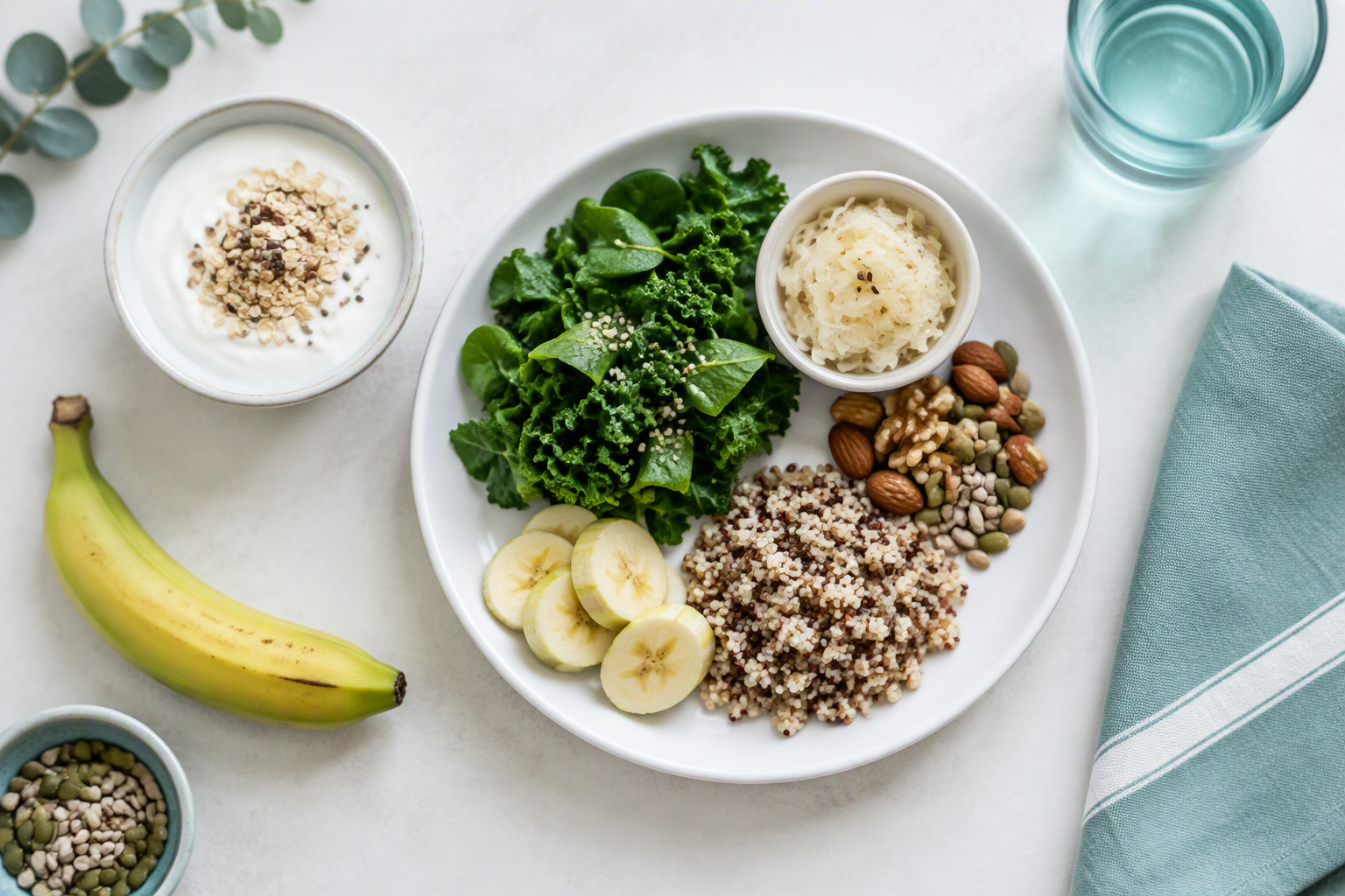 Gut-friendly meal with fermented foods, fiber-rich foods, yogurt, oats, and sauerkraut