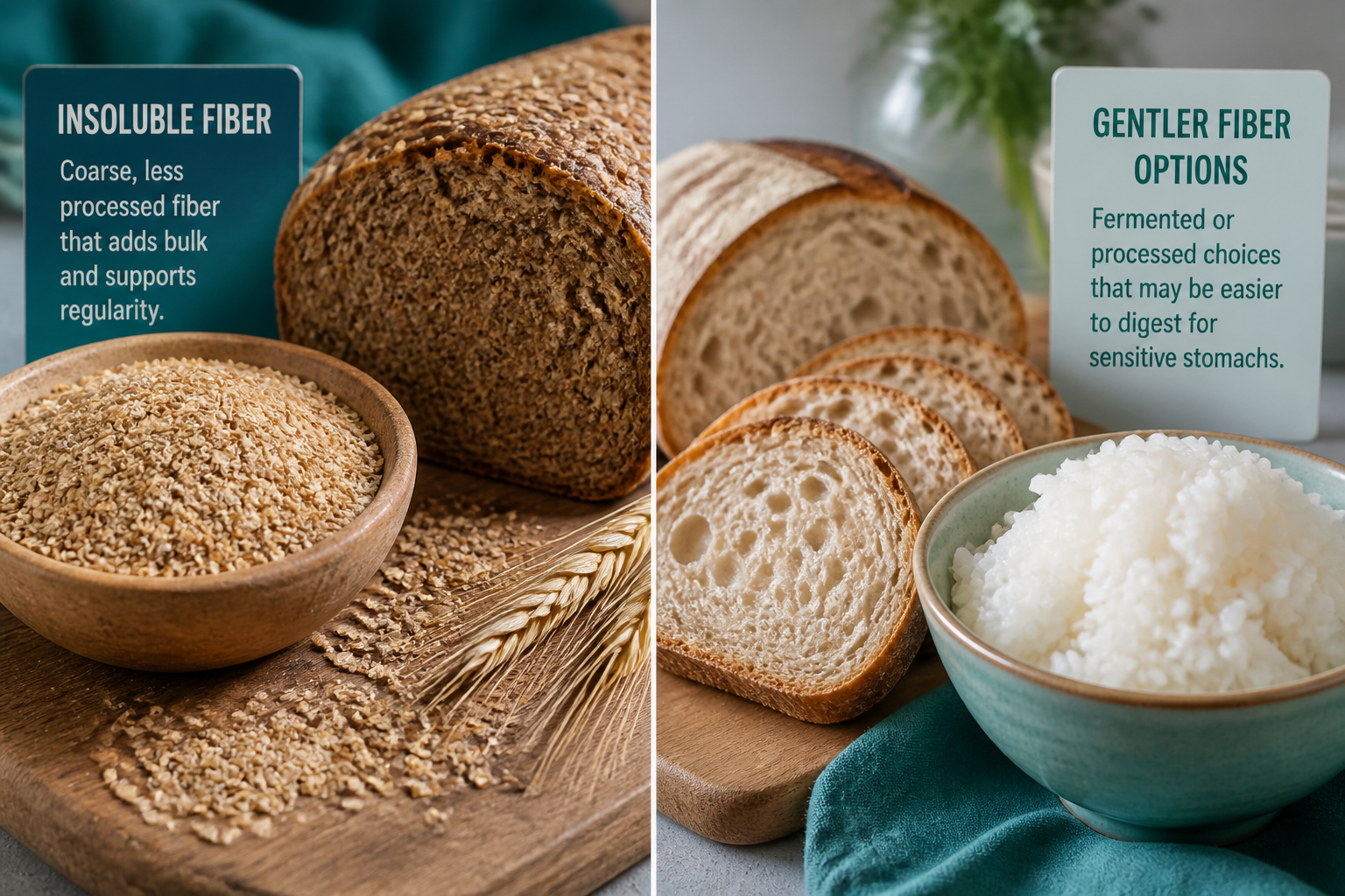 Comparison of wheat bran and whole-grain bread versus sourdough and white rice, showing fiber and processing effects