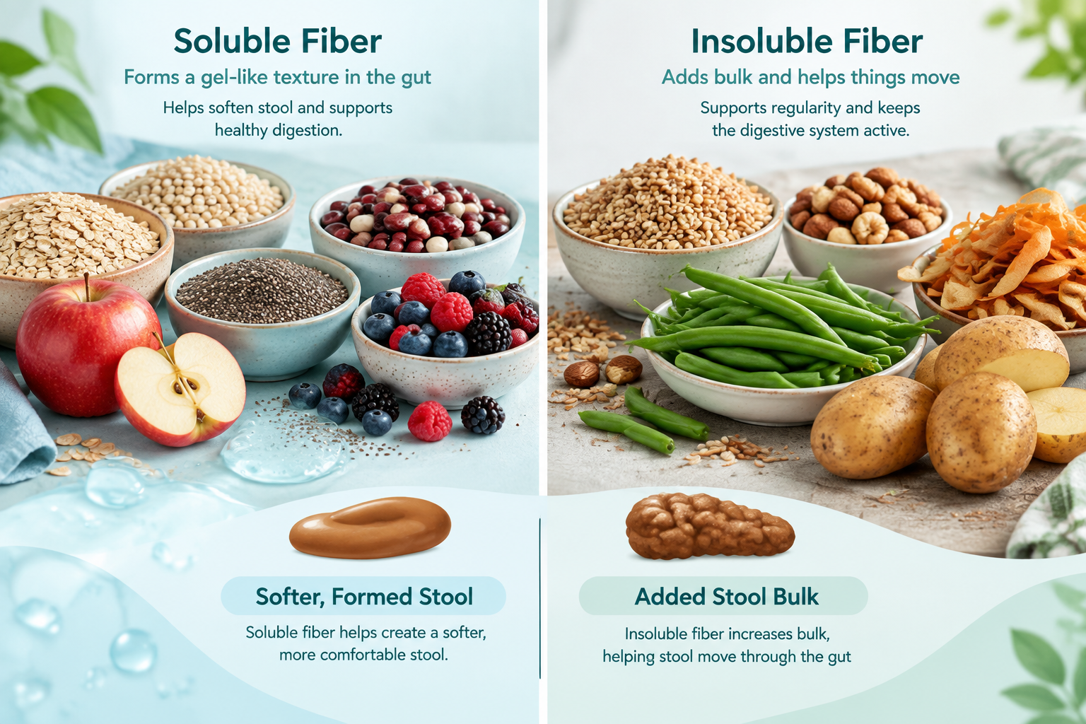 Soluble and insoluble fiber foods supporting stool texture and bulk