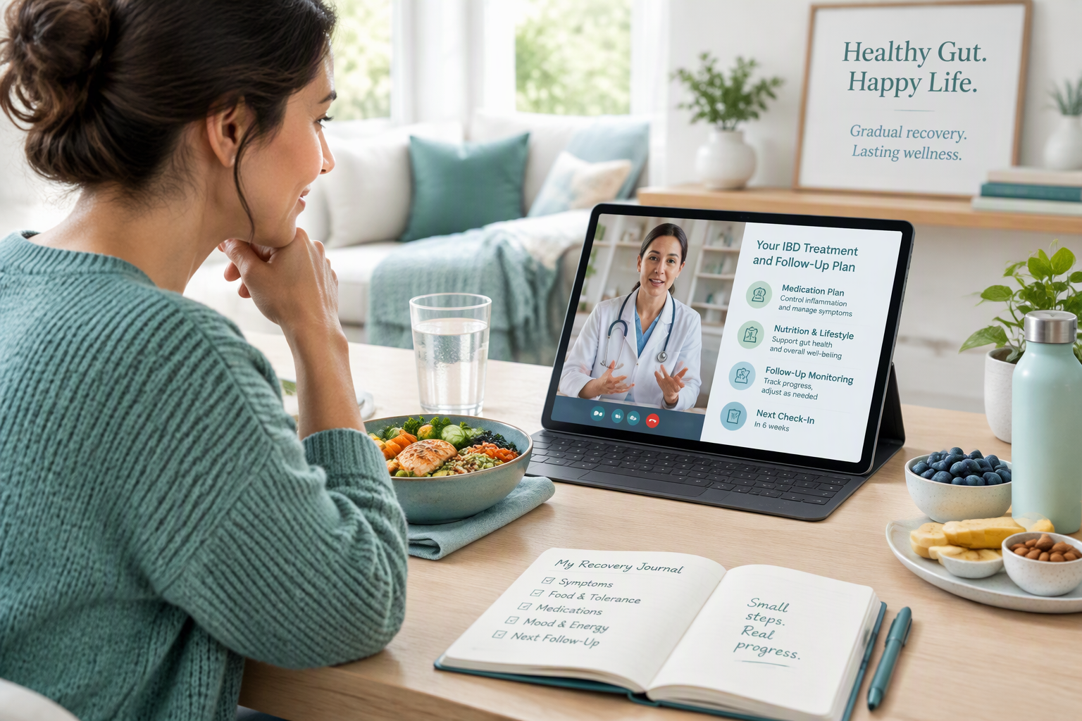 IBD remission recovery plan with follow-up care, hydration, and nourishing foods