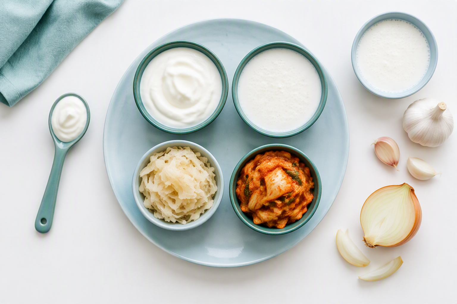 Fermented foods and FODMAP tolerance with yogurt, kefir, sauerkraut, kimchi, garlic, and onion