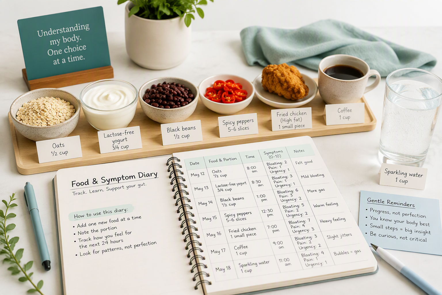IBS food triggers, low-FODMAP tracking, oats, dairy, beans, and spicy foods