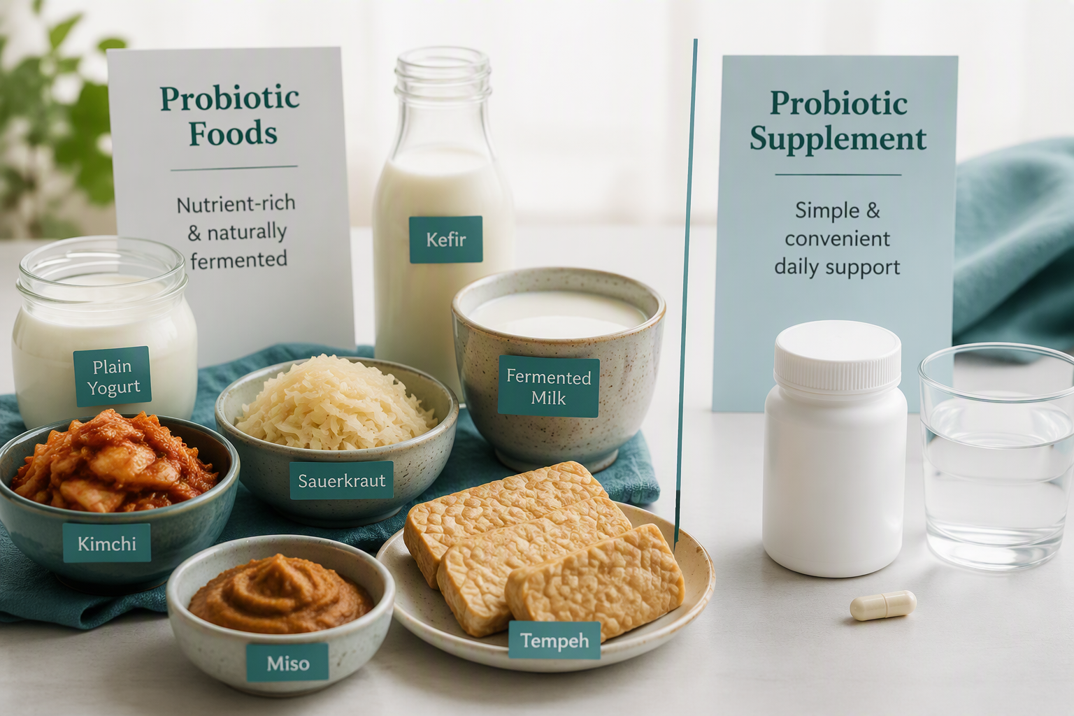 Probiotic foods and supplements including yogurt, kefir, kimchi, and capsules