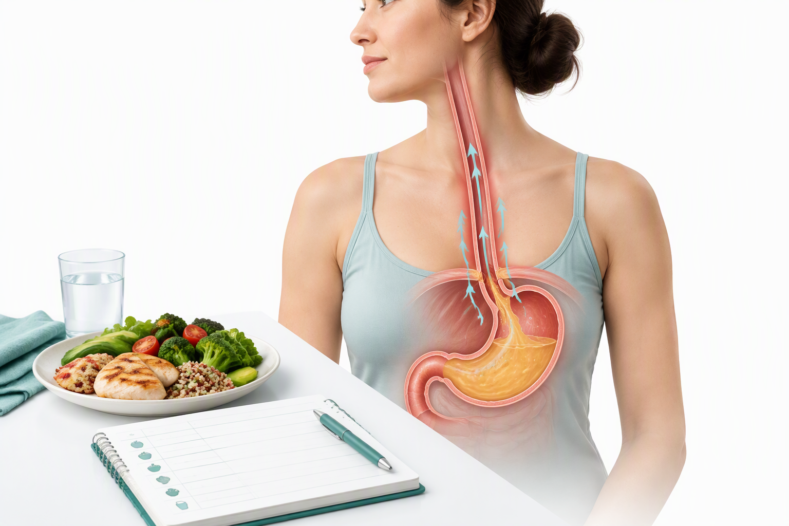 Medical illustration showing how food and stomach pressure can cause acid reflux
