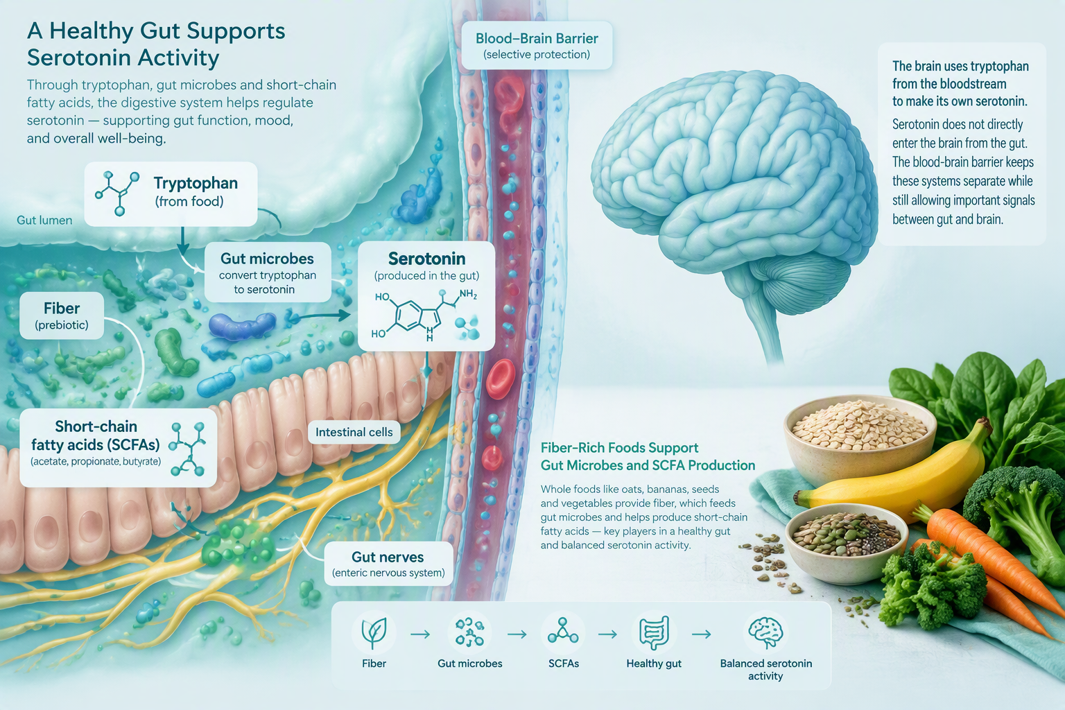 Gut serotonin, tryptophan, fiber, and the blood-brain barrier in microbiome research