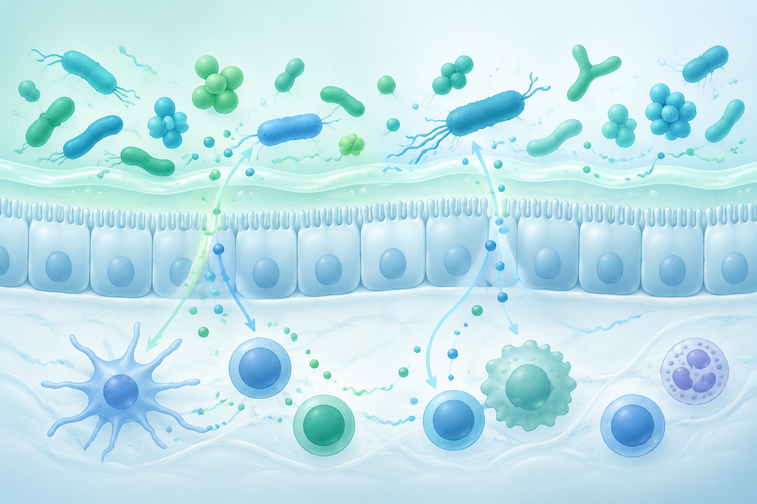 Illustration of gut microbes communicating with immune cells and supporting immune health