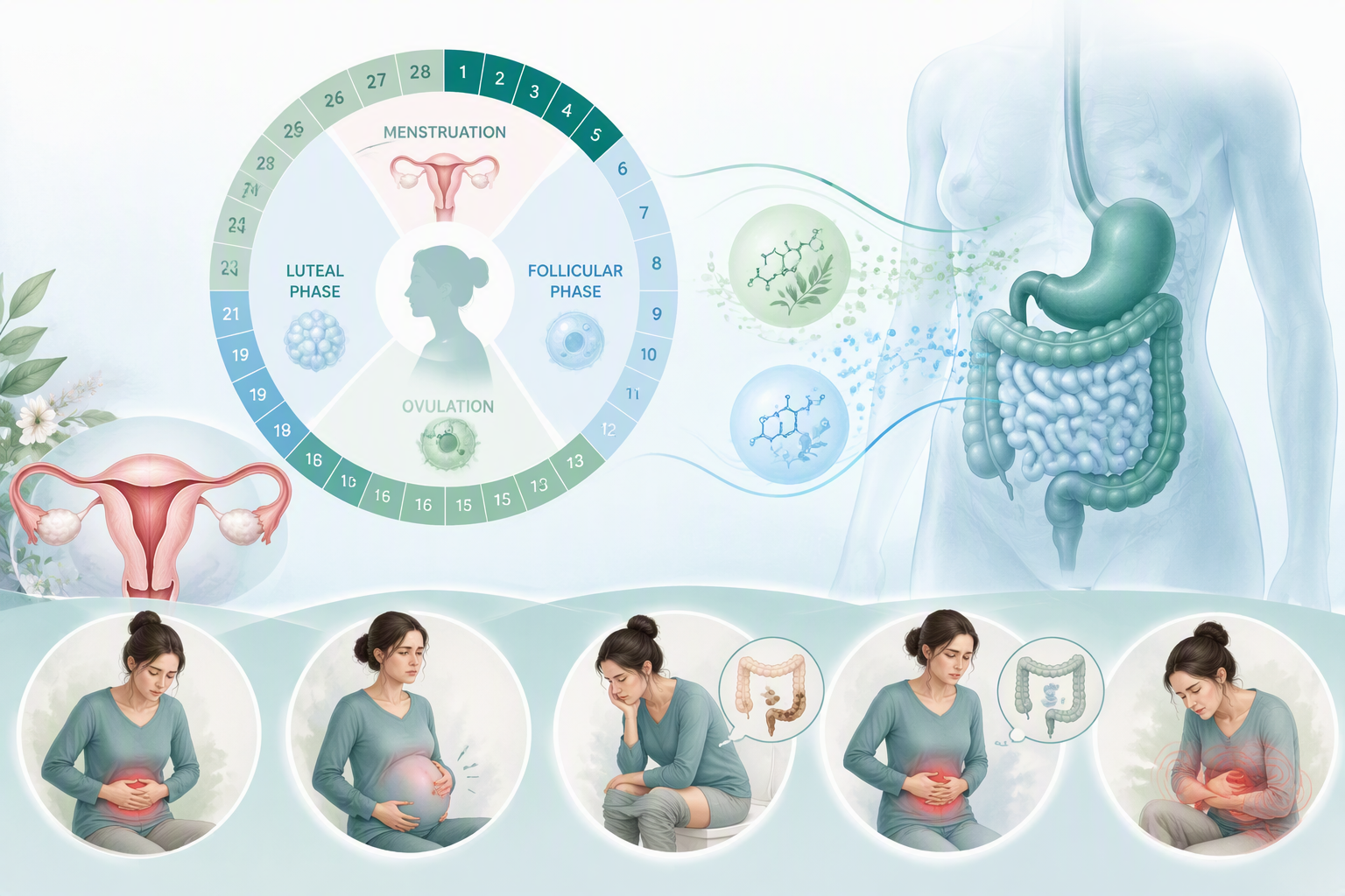 Menstrual cycle hormones and IBS symptoms including cramps, bloating, constipation, and diarrhea