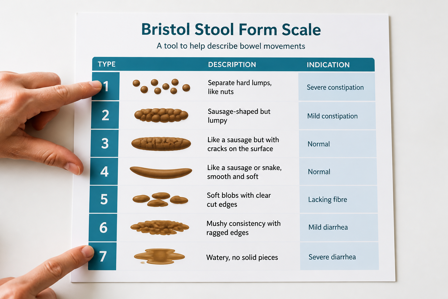 Bristol Stool Scale card with hand pointing to types showing hormone-related stool changes