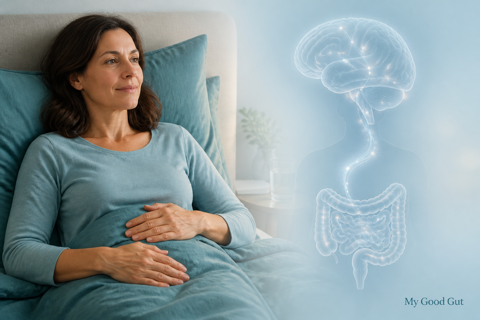 Person awake at night holding abdomen illustrating IBS and sleep connection