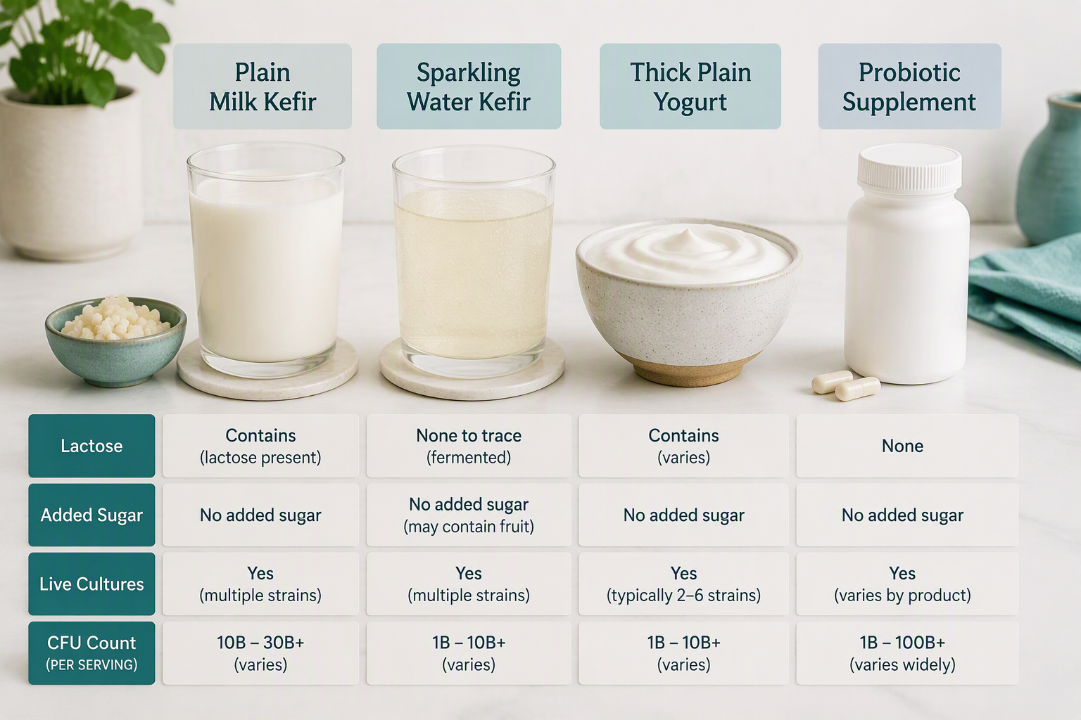 Milk kefir, water kefir, yogurt, and probiotic supplement comparison