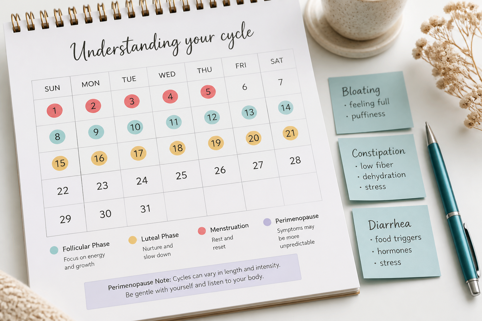 Calendar showing cycle phases and IBS symptoms across menstrual cycle and menopause