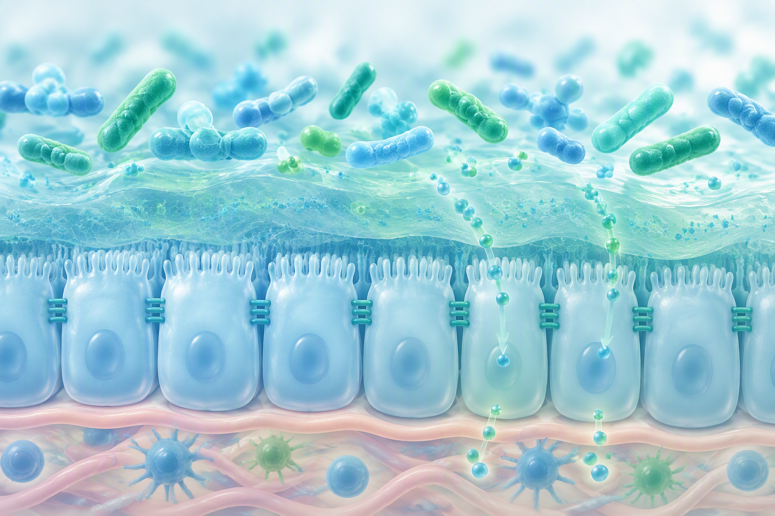 Gut barrier with mucus, epithelial cells, microbes, and short-chain fatty acids