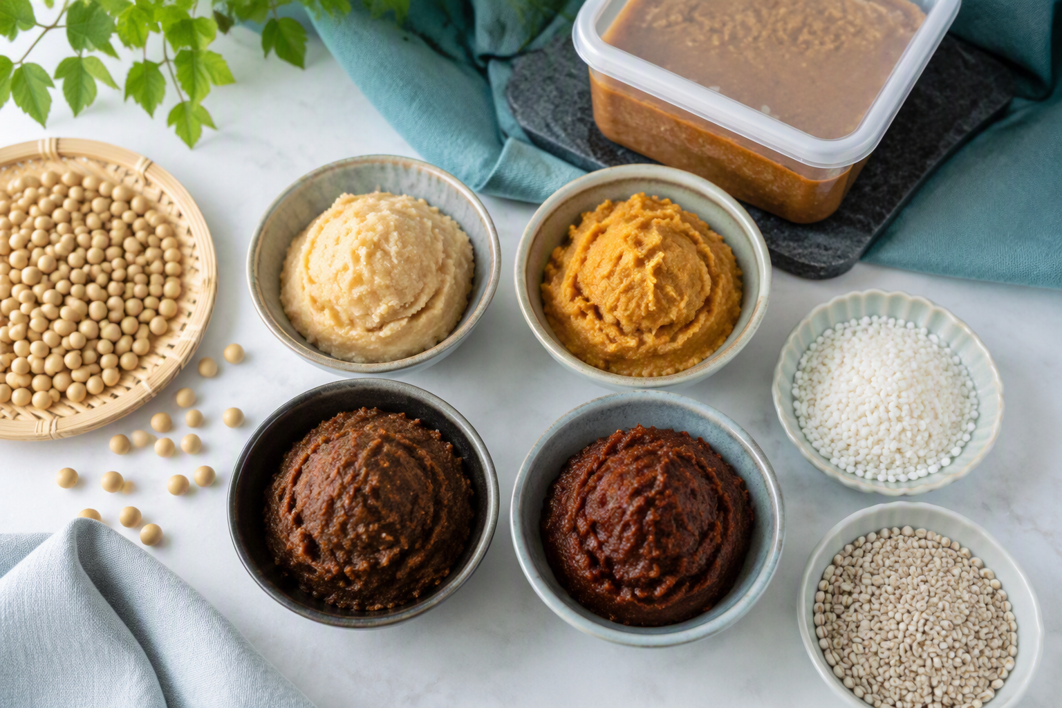 White, yellow, brown, and red miso varieties showing fermentation ingredients and storage
