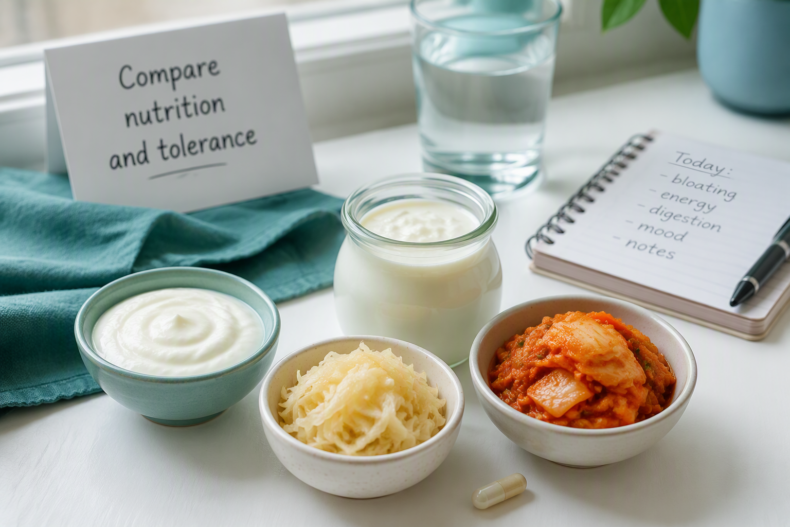 Fermented foods and probiotic supplement options for nutrition and digestive tolerance