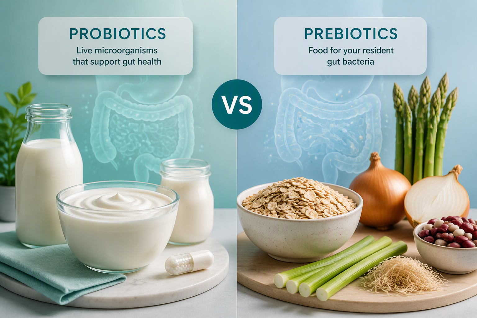 Comparison of probiotic foods and prebiotic fiber for gut health