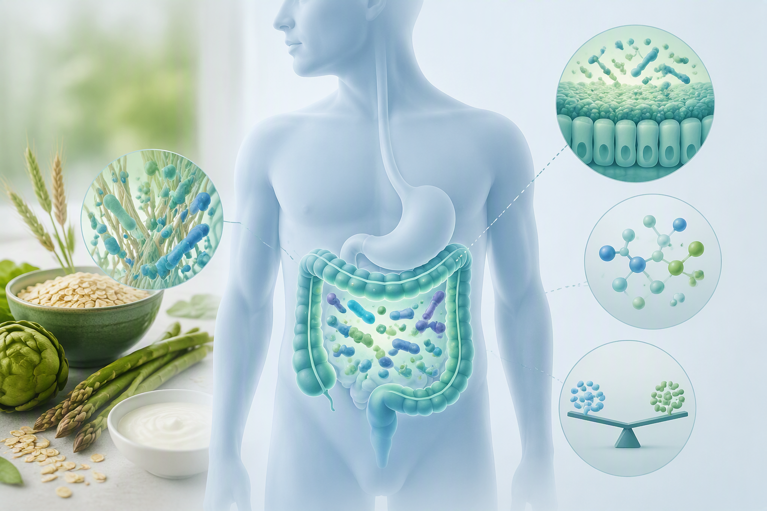 Illustration of probiotics supporting digestion, gut barrier, and microbiome balance
