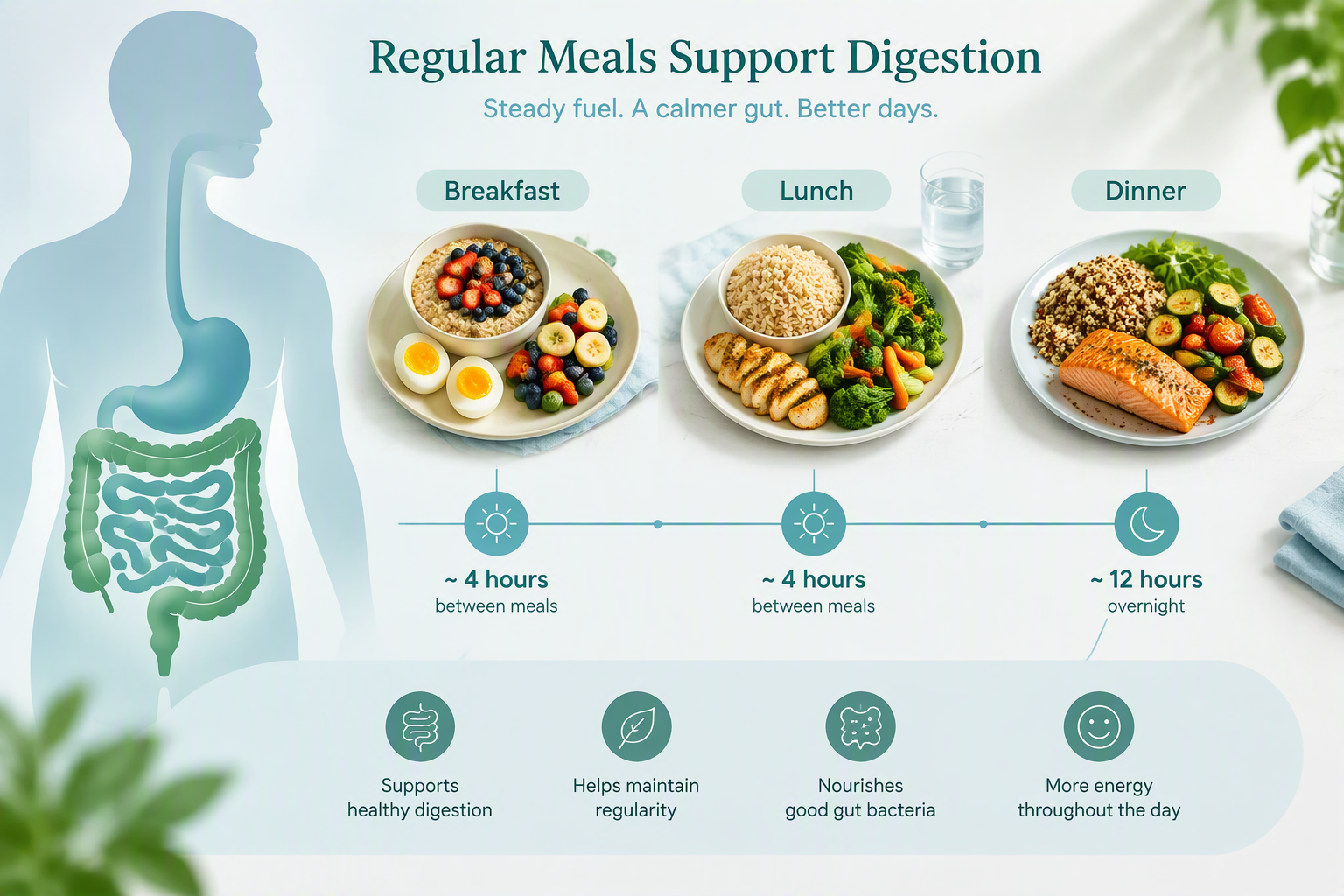 Regular meals and meal spacing supporting the gastrocolic response and digestion