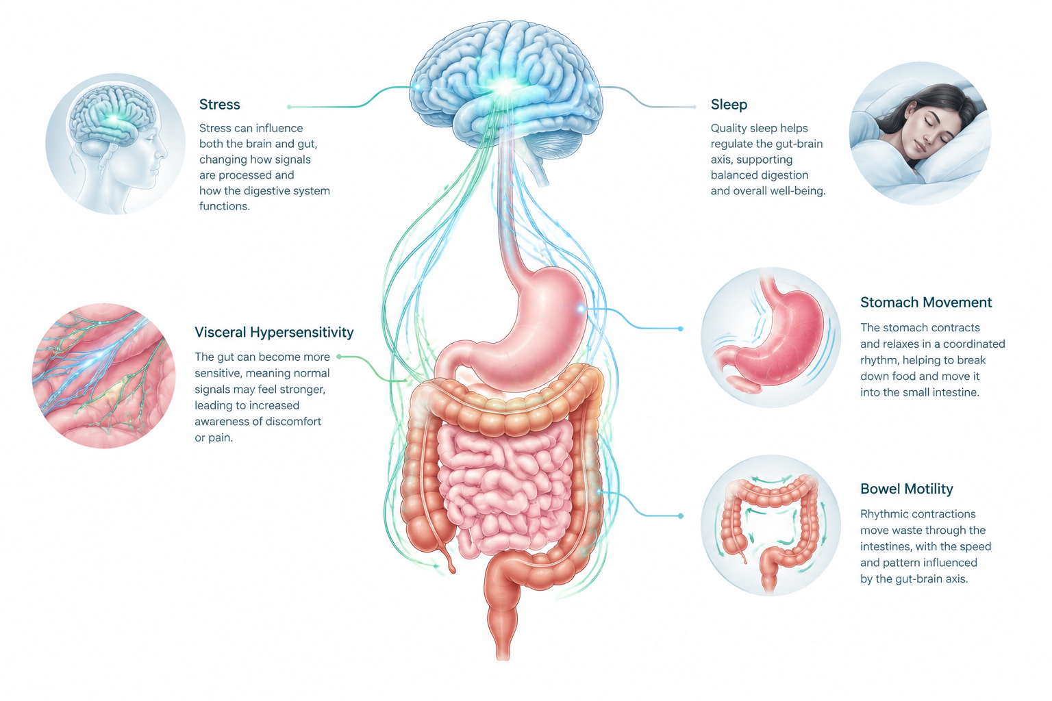 Gut-brain axis illustration showing visceral sensitivity in functional dyspepsia and IBS