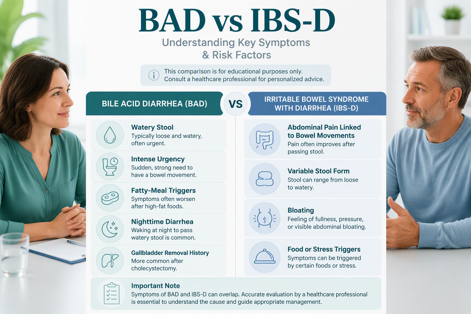 Visual comparison of BAD and IBS-D symptoms, urgency, pain, and risk factors