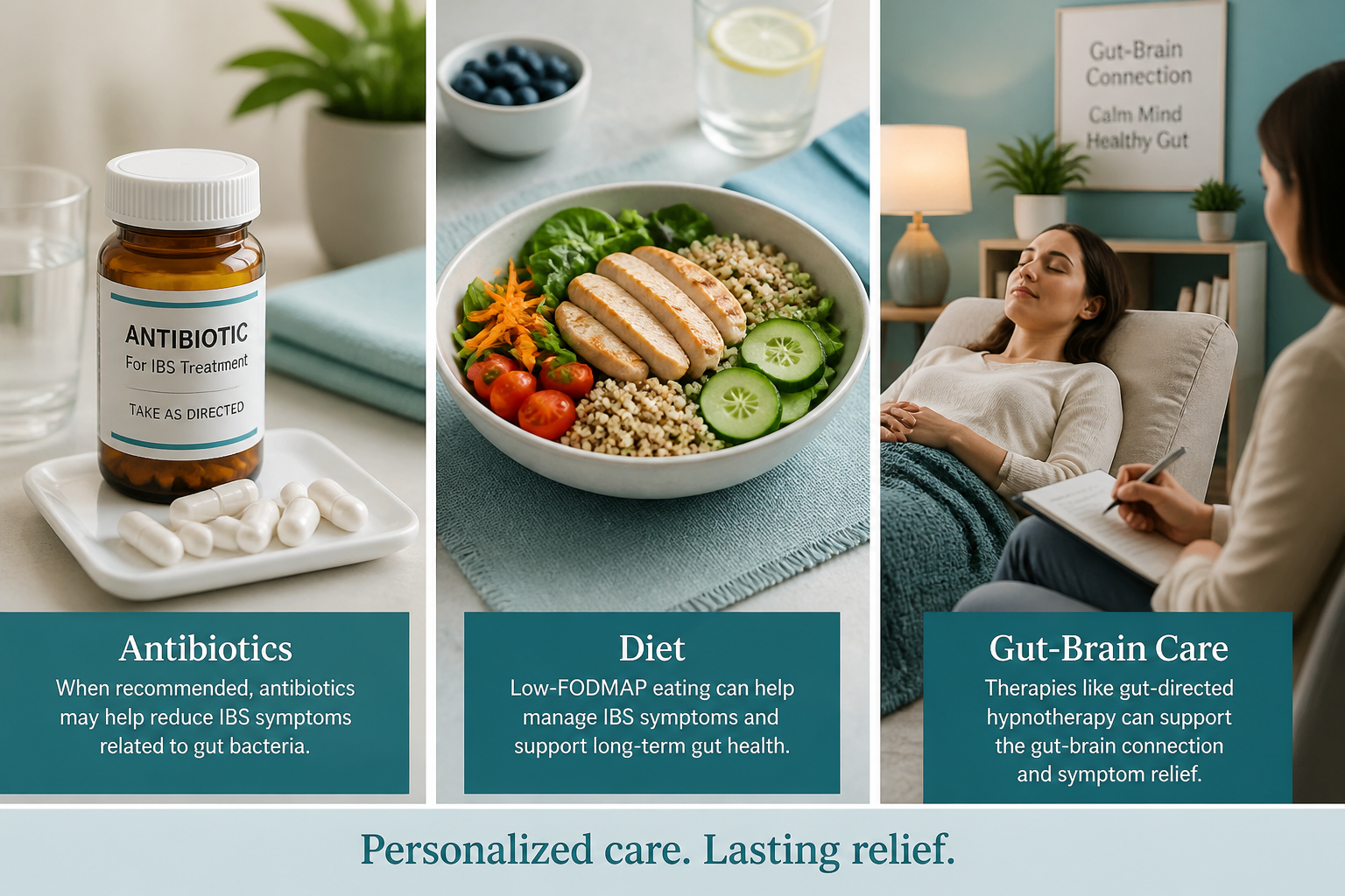 Collage of antibiotics, low-FODMAP meal, and gut‑brain therapy representing treatment differences
