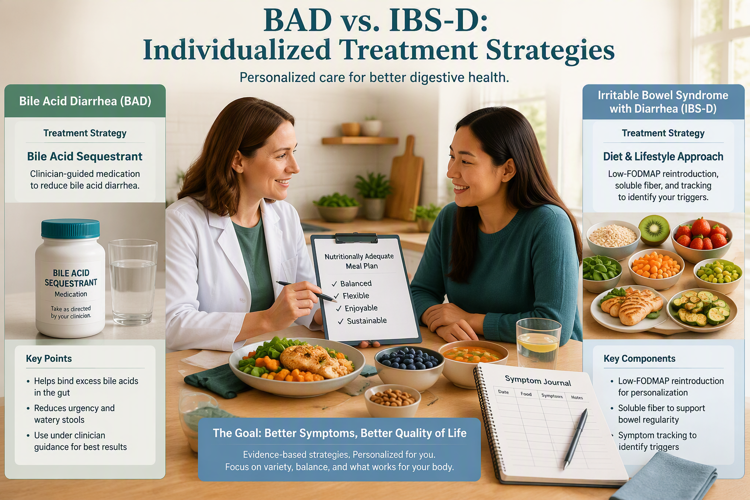 Individualized BAD and IBS-D treatment, nutrition, medication, and food planning