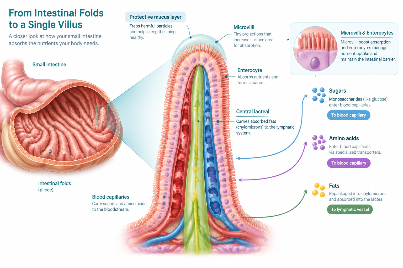 Small intestine villi and microvilli absorbing nutrients into blood and lymph
