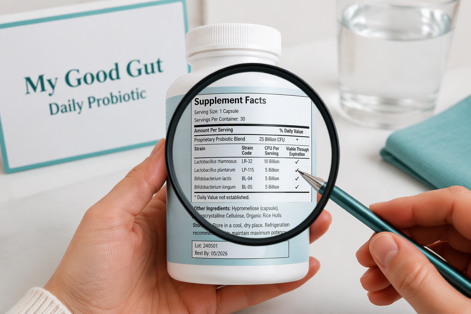Reading a probiotic label for strain code, CFU, storage, and expiration details