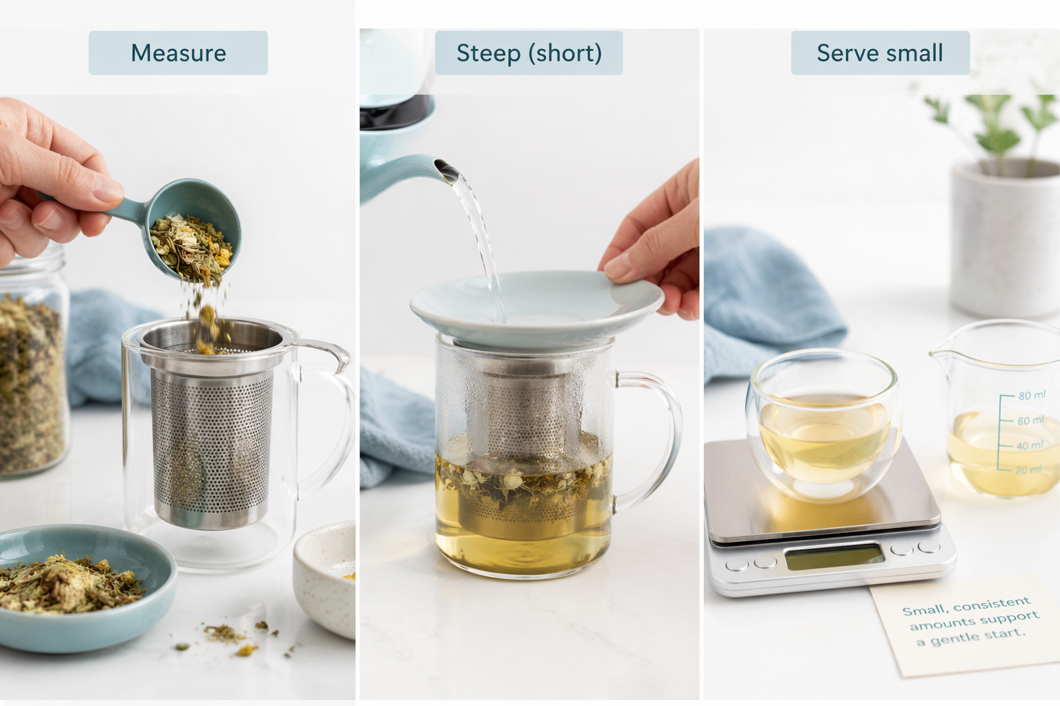 Three-step brewing sequence showing measuring, steeping briefly, and serving small cup for safe IBS tea