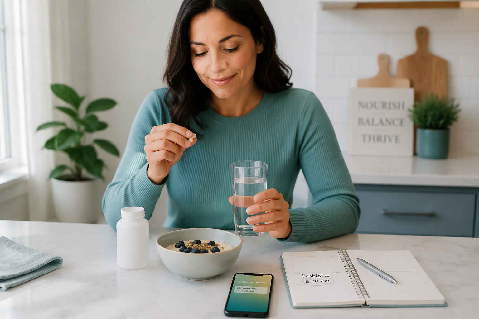 Consistent probiotic routine with a daily reminder, cool water, and breakfast
