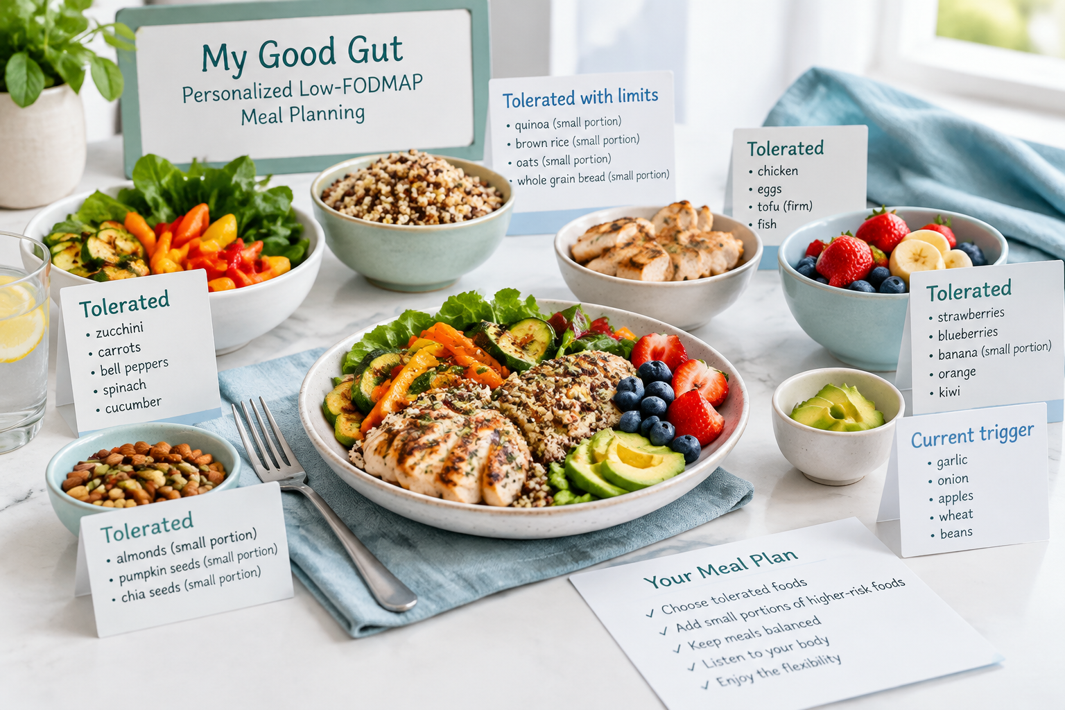 Personalized low-FODMAP meal plan based on tolerated portions