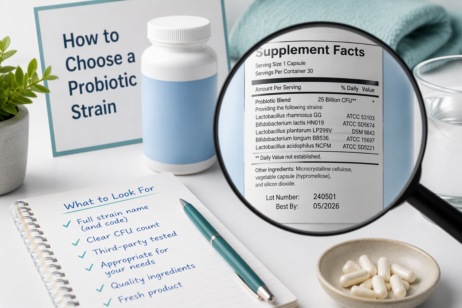 Probiotic label showing strain code, CFUs, and expiration date