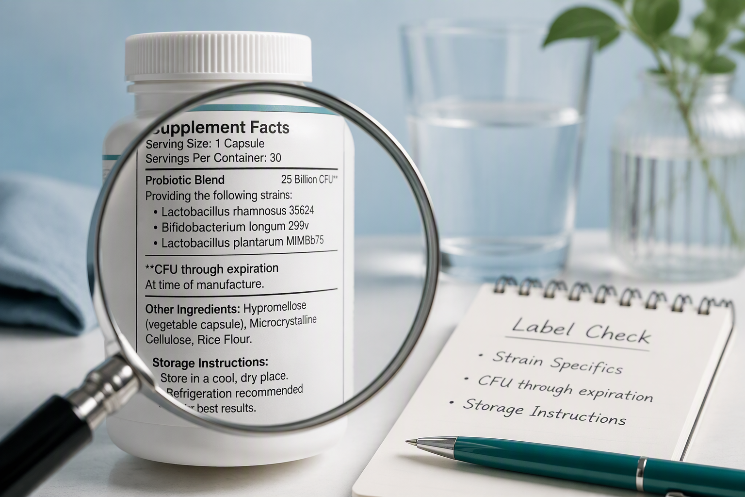 Probiotic label showing IBS strain codes, CFU potency, and storage instructions