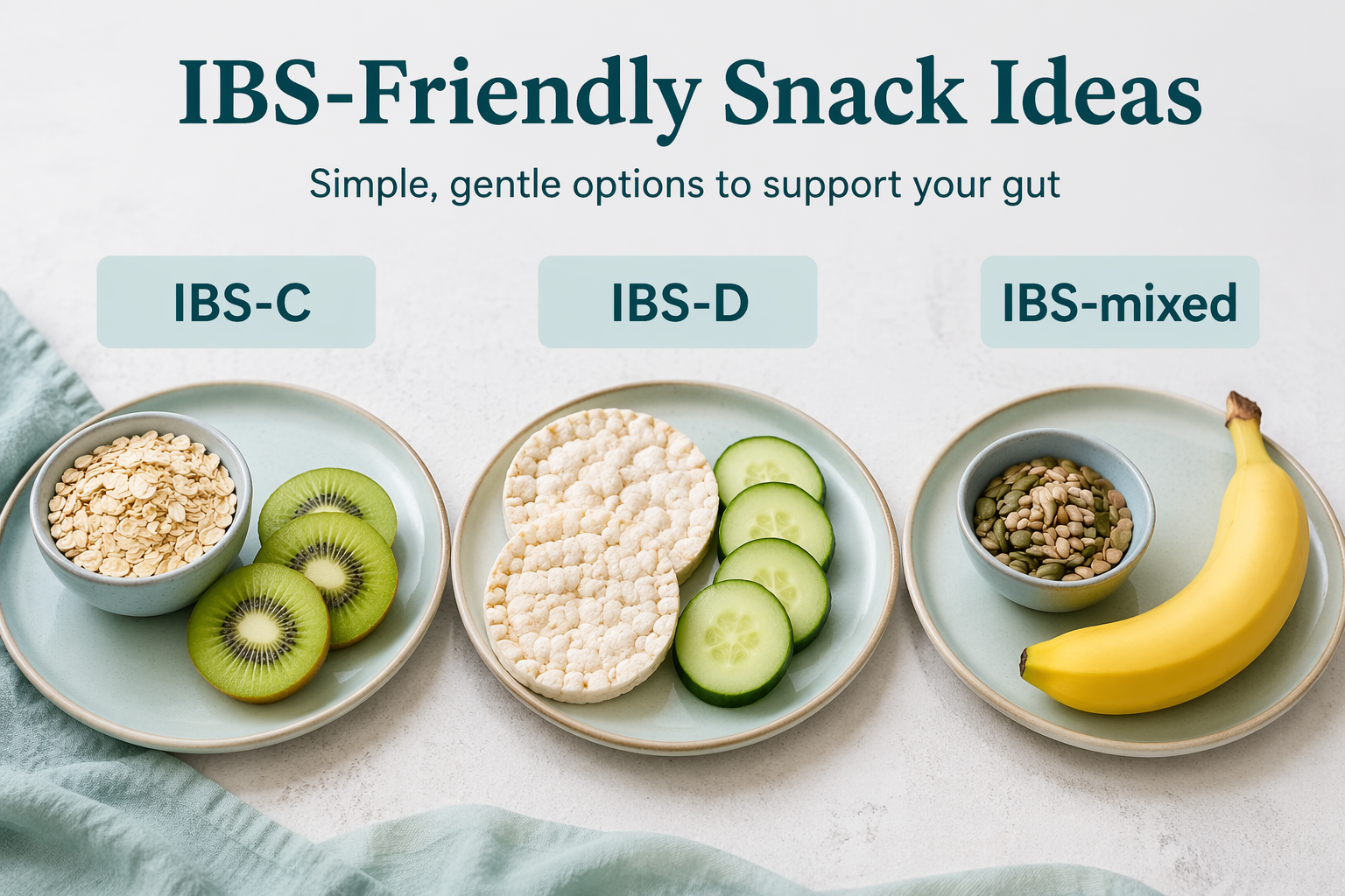 Three plates showing IBS-C, IBS-D, and IBS-mixed snack examples like oats, rice cakes, and seeds