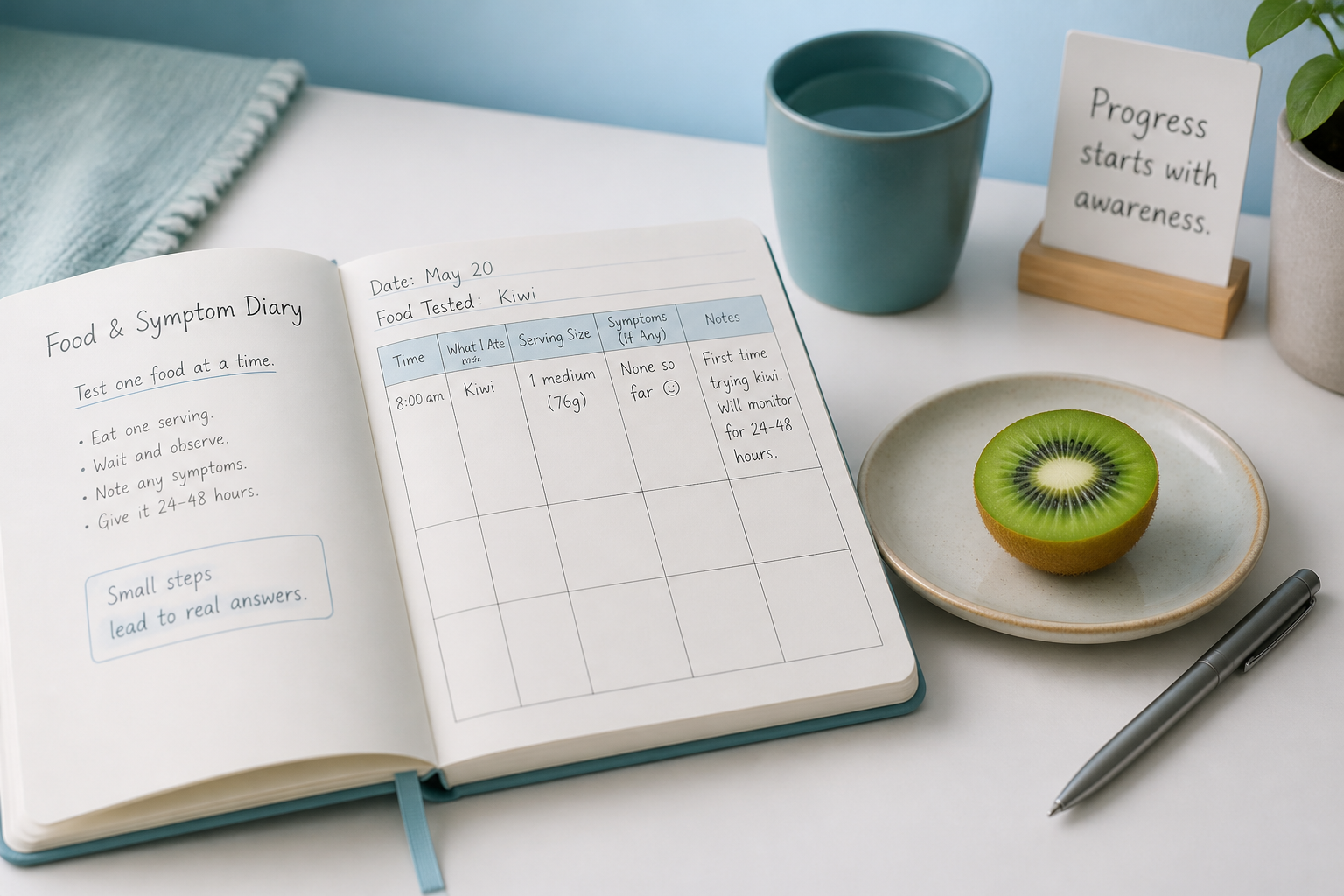 Food-and-symptom diary open beside a measured serving of kiwi, showing how to test fruit tolerance