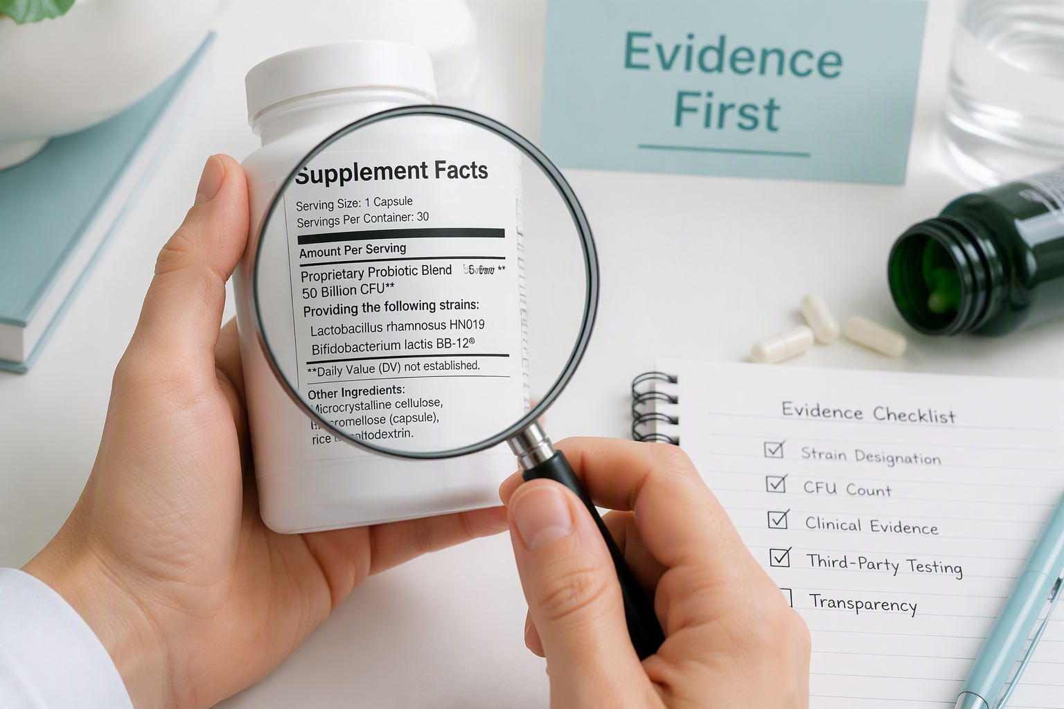 Reading a probiotic label for HN019, BB-12, strain code, and CFU