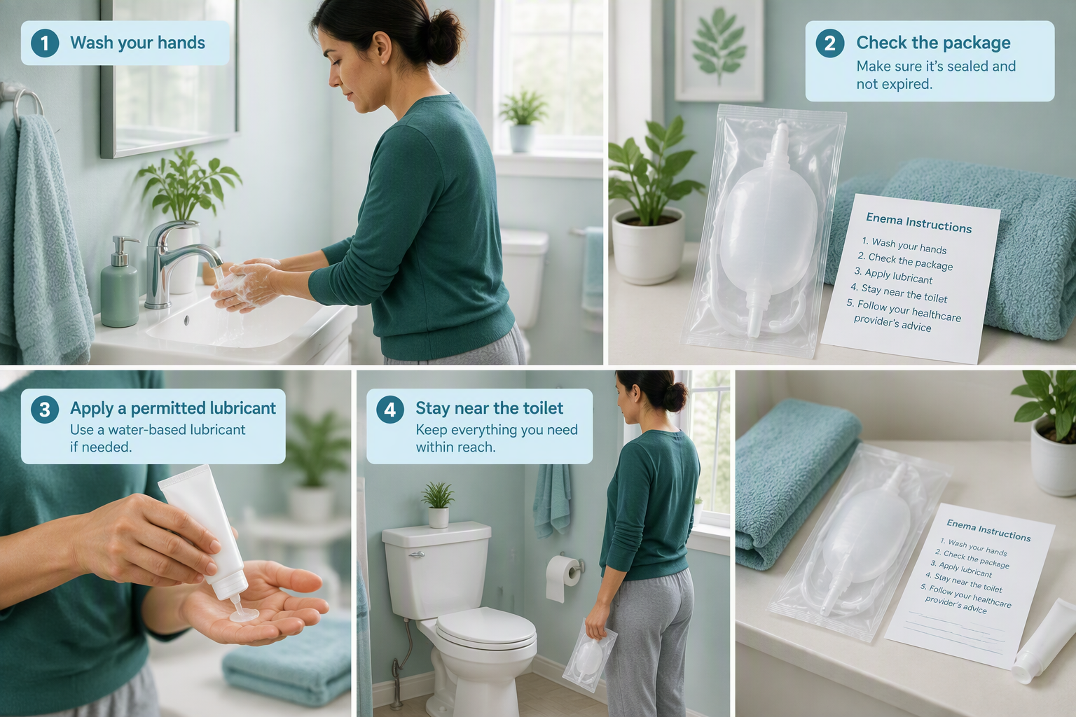 Safe enema procedure at home using a prepared product and label directions