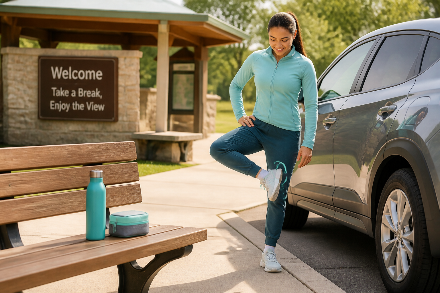 Traveler stretching at rest stop with water and travel kit to manage IBS during transit