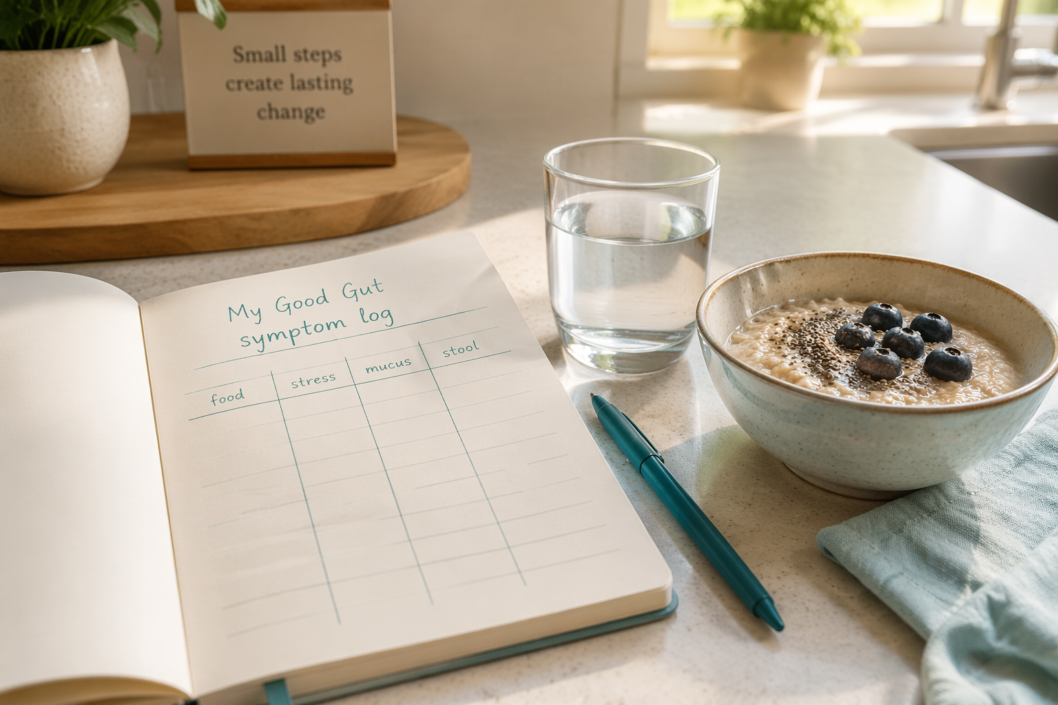 Symptom log, fiber foods, and water to manage IBS mucus at home